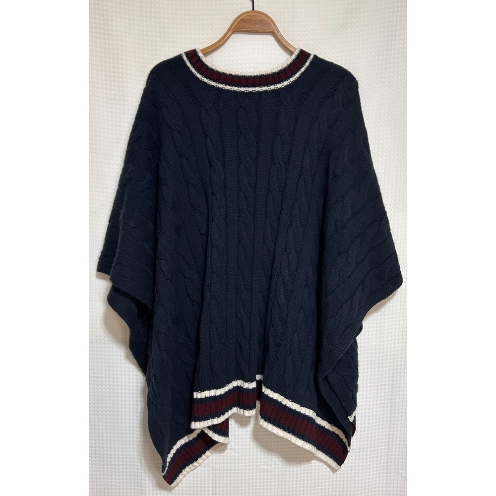 RALPH LAUREN Cozy Boho Chic Knit Navy Burgundy Logo poncho One Size i. - Picture 8 of 8